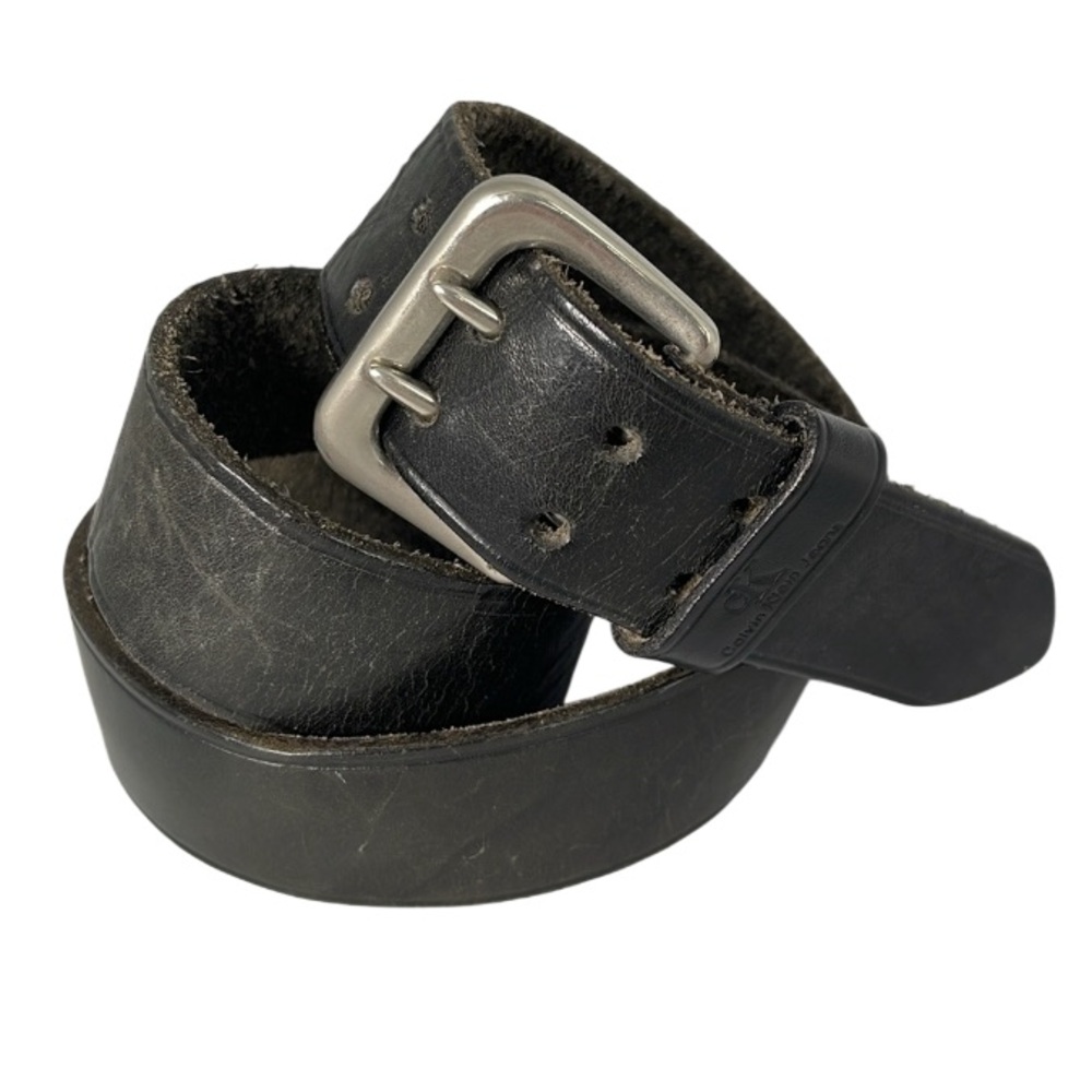 Vintage Calvin Klein Jeans Grain Leather Belt Double Prong Silver Tone Buckle XL